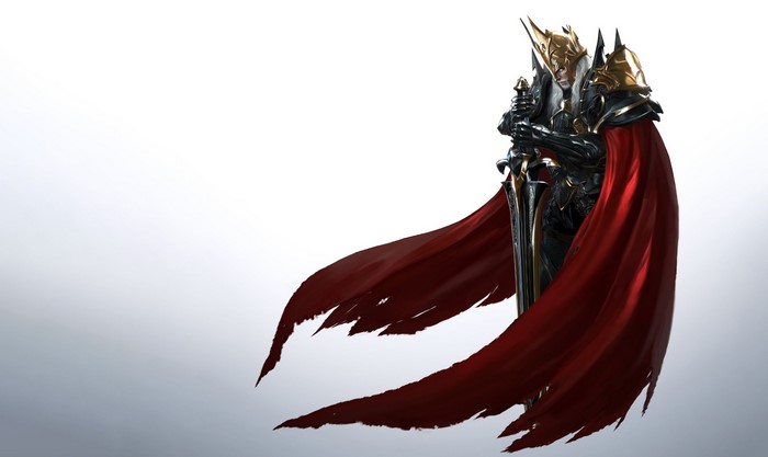 Fantasy knight in golden armor with red cape