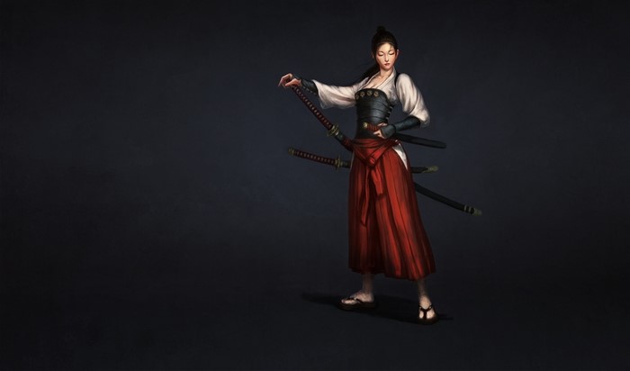 Fantasy art of a woman with swords