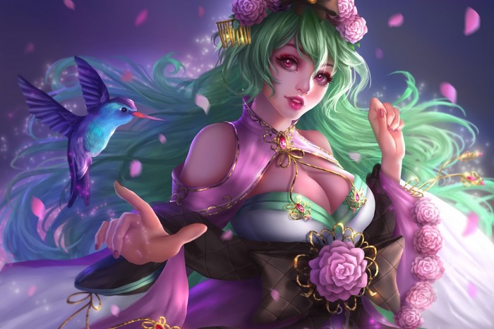 Fantasy girl with green hair and hummingbird