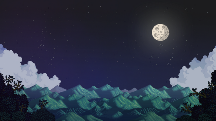 Pixel art night landscape with moon and mountains