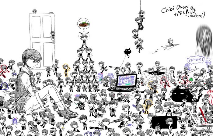 Chibi Omori characters surrounding Sunny