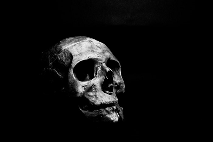 Monochrome skull on black background