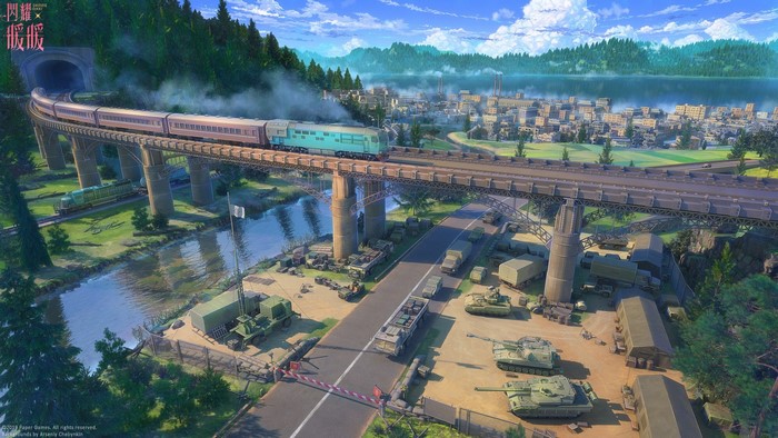 Train crossing a bridge over a river with military vehicles below