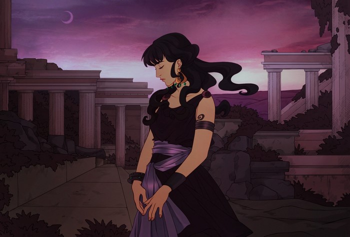 Woman in a dark dress in ancient ruins at dusk
