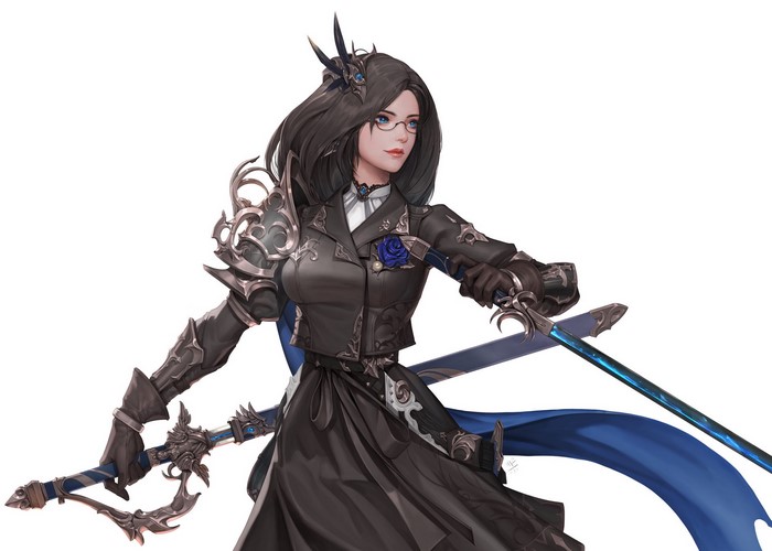 Fantasy woman with glasses and swords