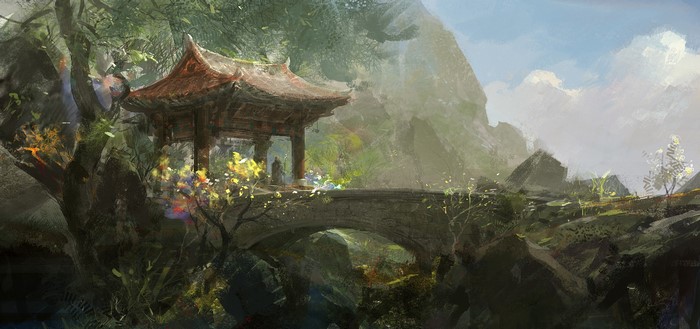 Fantasy art of a traditional Asian pavilion and bridge