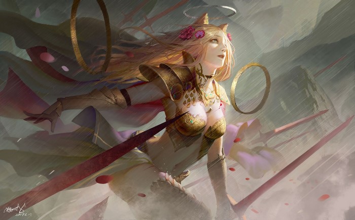 Fantasy girl in golden armor with pink flowers