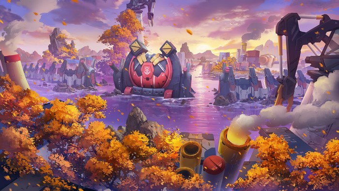 Futuristic Industrial Landscape with Autumn Foliage
