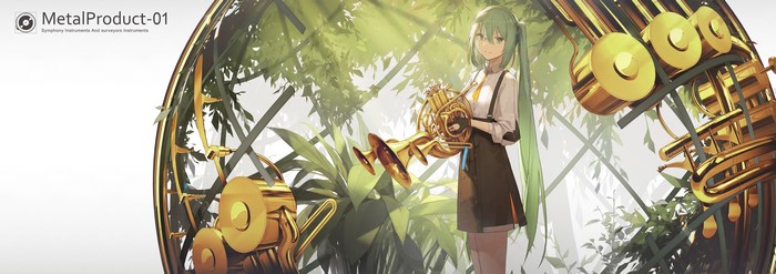 Anime girl with French horn and brass instruments