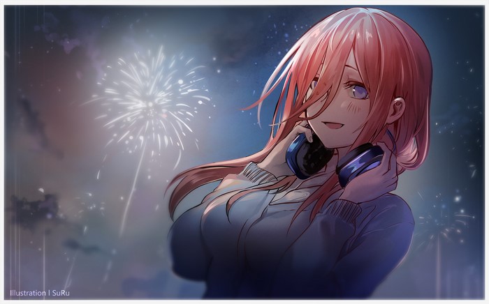 Nakano Miku from 5-toubun no Hanayome with Headphones and Fireworks