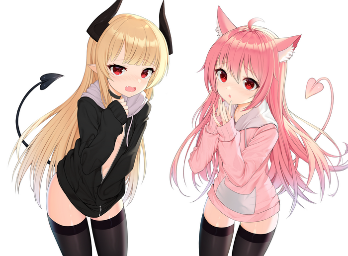 Two anime girls with horns and cat ears