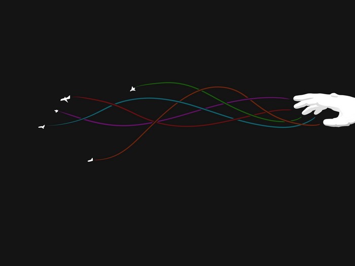 Abstract airplanes creating colorful trails controlled by a hand
