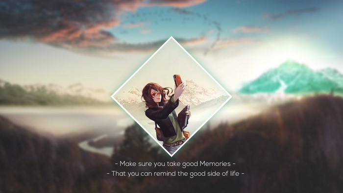 Anime girl taking a selfie in mountains with quote