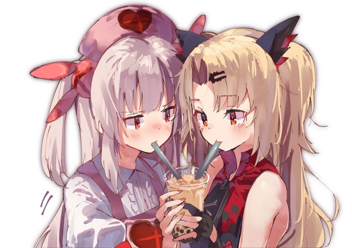 Two anime girls drinking bubble tea