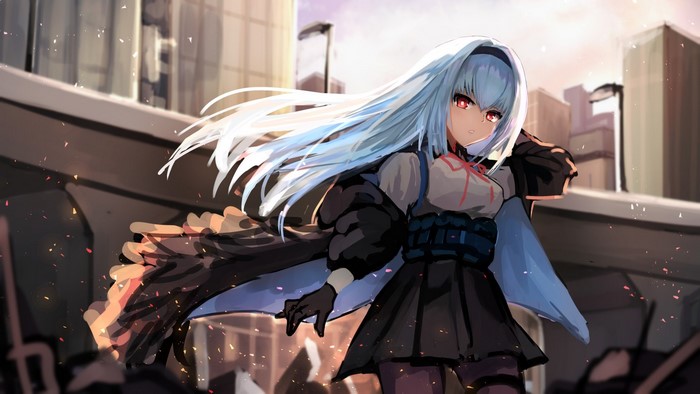 Anime girl with white hair and red eyes in a city