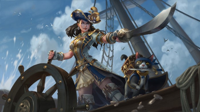 Pirate girl at the helm of a ship with a cat