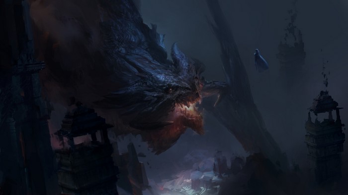 Fantasy Dragon in a Dark Ruined Landscape