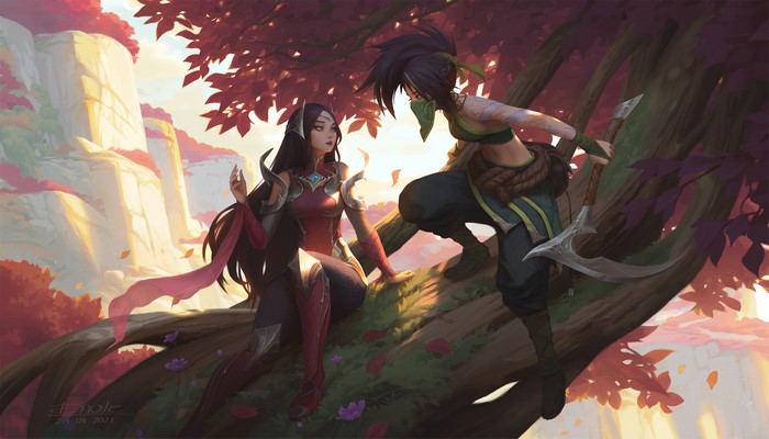 Irelia and Akali from League of Legends in a tree