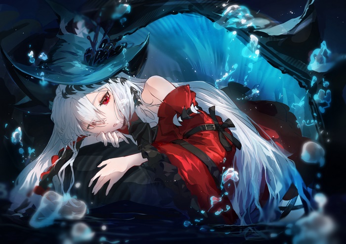 Skadi (Arknights) with white hair and red eyes in water