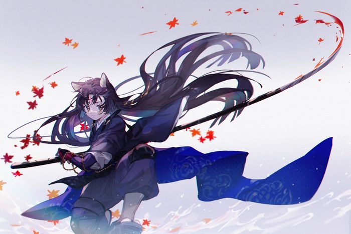 Saga (Arknights) with a sword and falling leaves