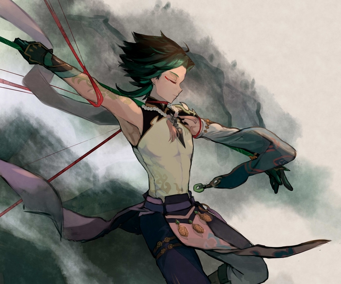 Xiao drawing his bow with red ribbons
