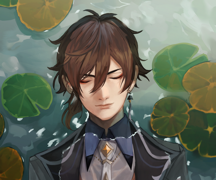 Zhongli from Genshin Impact lying in water with lily pads