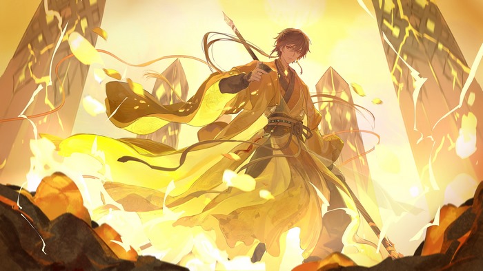 Zhongli from Genshin Impact in yellow robes