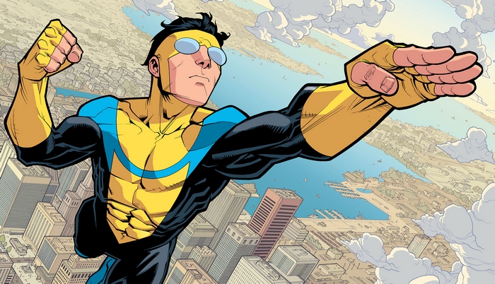 Invincible flying over a city