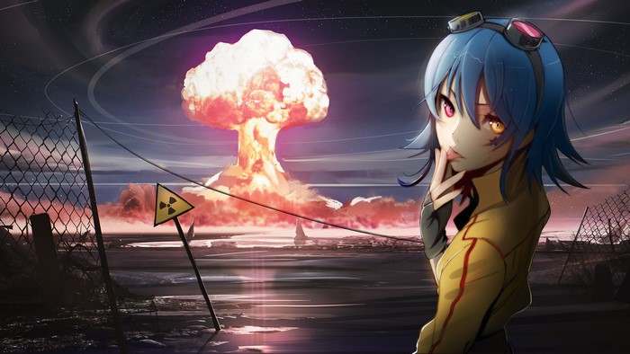 Girl with blue hair and heterochromia near nuclear explosion