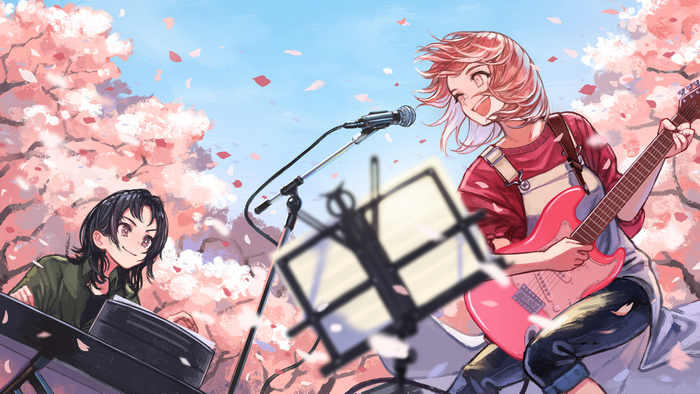 Anime girls playing music under cherry blossoms