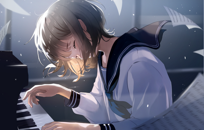 Girl playing piano with tears and sheet music