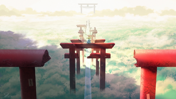A boy stands on a torii gate in the clouds