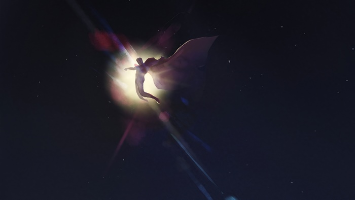 Superman flying towards a bright light