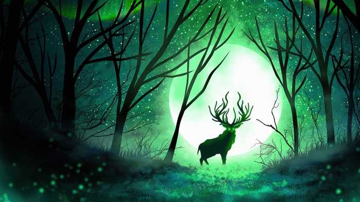 Deer in a mystical forest under the moon