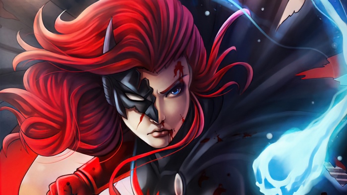 Batwoman with red hair and mask