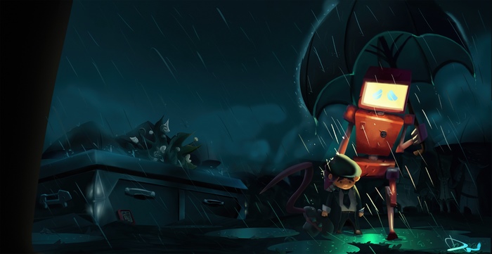 Sci Fi Robot and Child in Rain