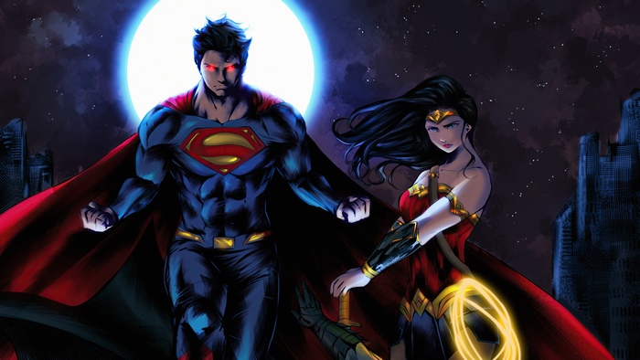 Superman and Wonder Woman in front of a large moon