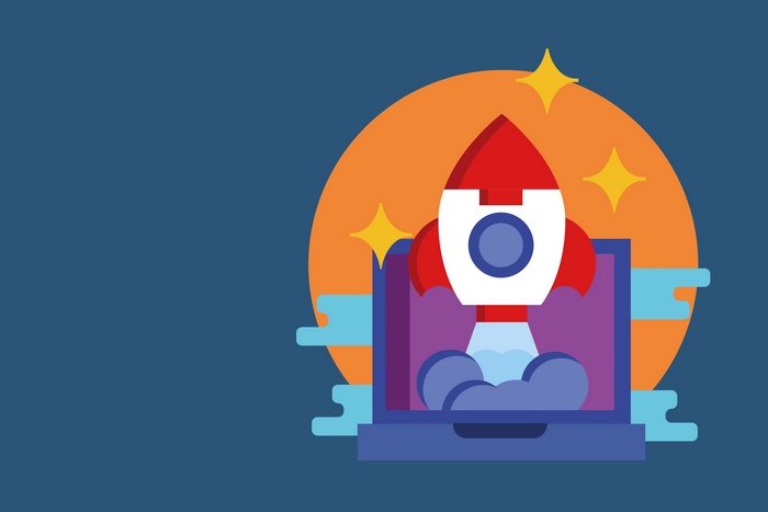 Minimalist vector illustration of a rocket launching from a laptop