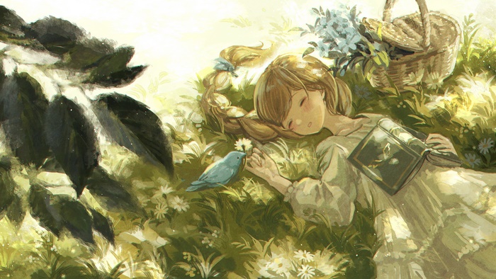 Girl sleeping with a bird and book in a field