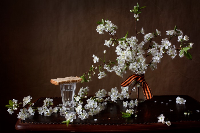 Still life with cherry blossoms and bread