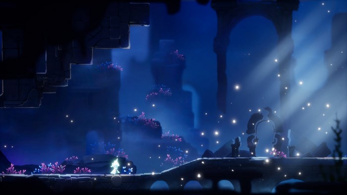Lumione characters on a bridge in a dark fantasy world