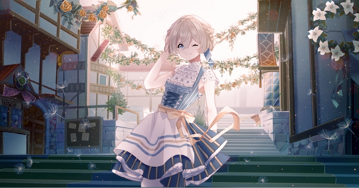 Barbara from Genshin Impact in a European-style town