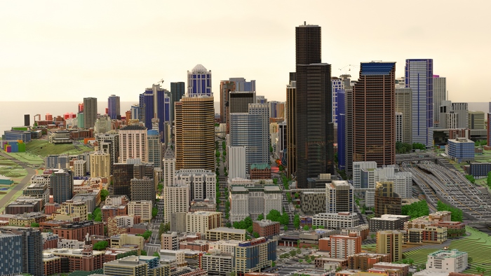 Minecraft city render of Seattle with 1000 buildings