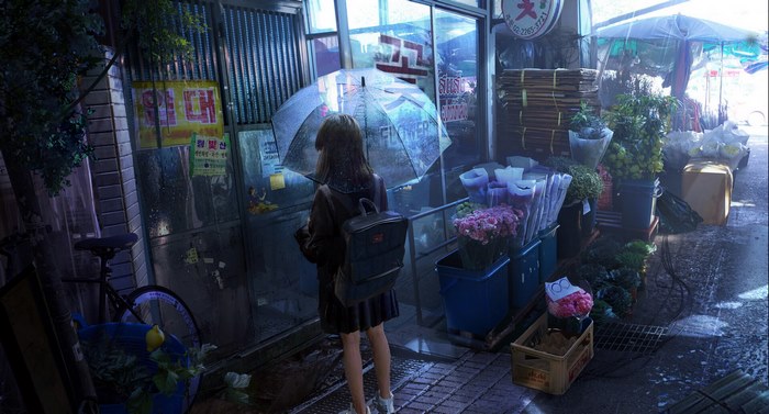 Girl with umbrella in a rainy market