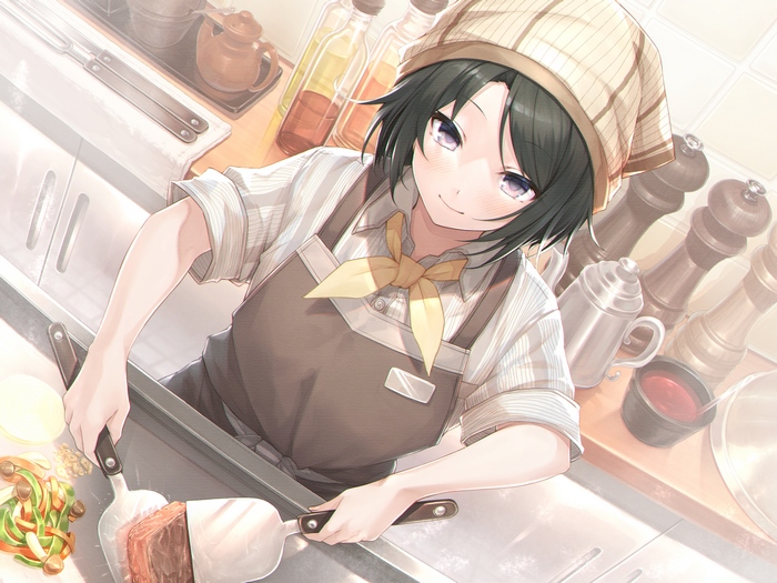 Anime girl cooking on a grill