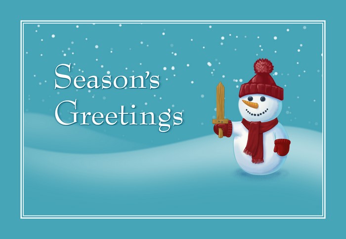 Season's Greetings Snowman with Wooden Sword