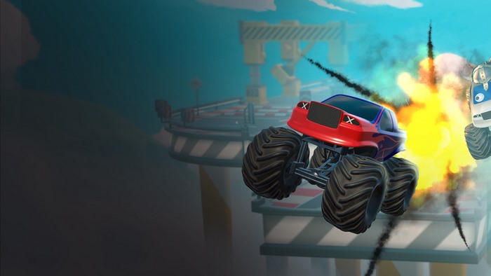 Monster trucks in an explosion