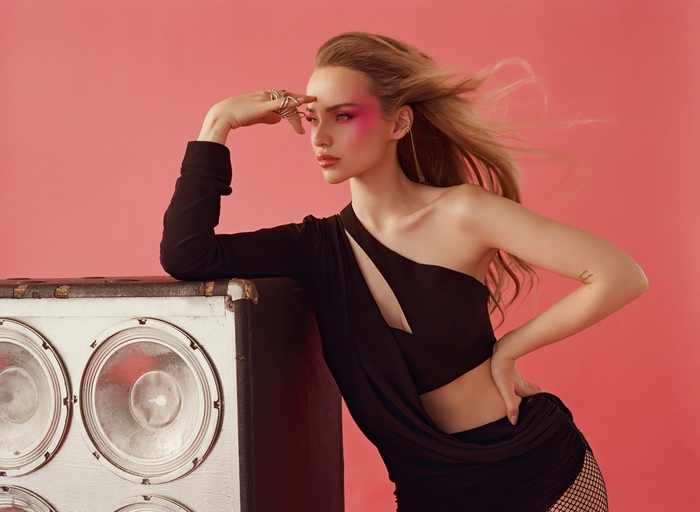 Dove Cameron Poses by a Speaker Stack