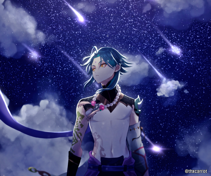 Xiao looking at a starry night sky