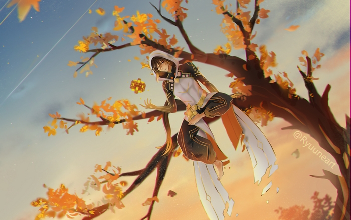 Zhongli from Genshin Impact in autumn